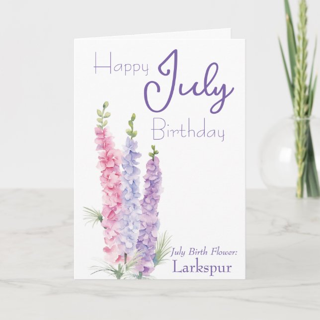 Cartão Julho Birth Flower Larkspur Birthday (Frente)
