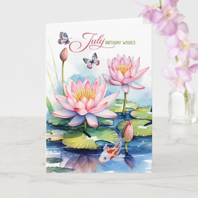 Cartão July Birthday Pink Waterlilies and Koi Fish (Orquídea)