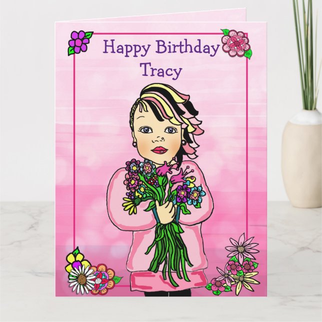 Cartão Jumbo Happy Birthday Whimsical Girl com Flores (Frente)