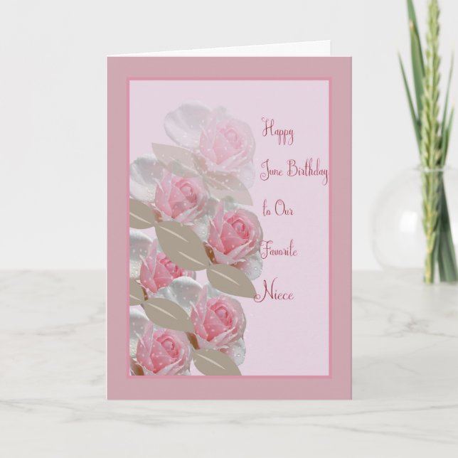 Cartão June Birthday Card Pink Roses para a sobrinha (Frente)