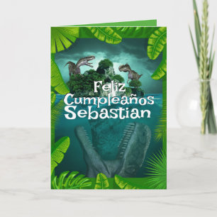 Cartão Jungle de Dinossauro Azul Espanhol para Aniversári