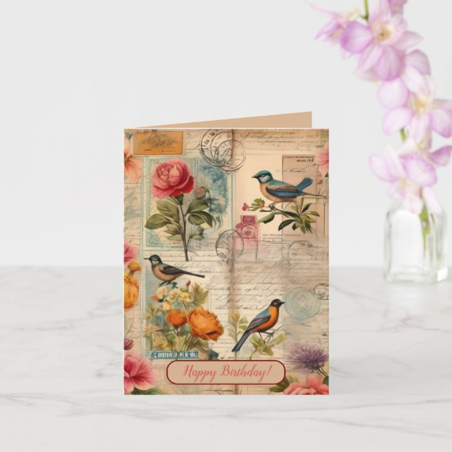 Cartão Junk Journal Seite mit Blumen + Vögeln -  (Orquídea)