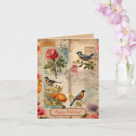 Cartão Junk Journal Seite mit Blumen + Vögeln -