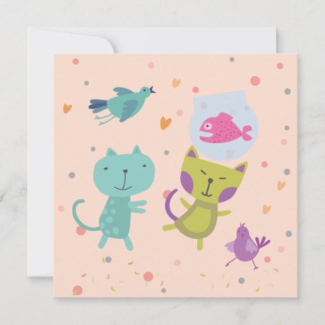 Cartão kaart felicitatie tekening 2 poezen en vis  (Frente)