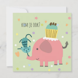 Cartão kaart uitnodiging feestje olifantje poes en taart