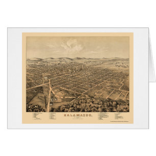 Cartão Kalamazoo, mapa panorâmico do MI - 1874