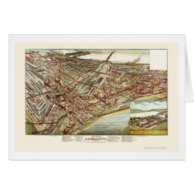 Cartão Kansas City, mapa panorâmico de KS - 1895 (Frente Horizontal)