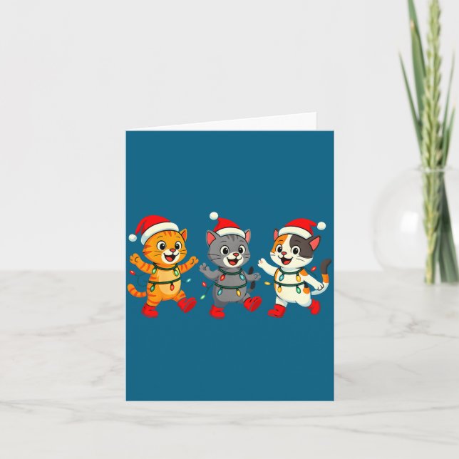 Cartão Kawaii Cats Santa Hat Dancing Lights Christmas Dan (Frente)