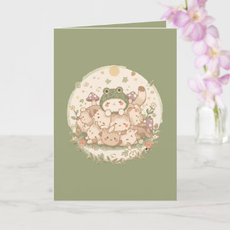 Cartão Kawaii Cottagecore Cat Pile com Sapo Hat Saudação