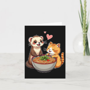 Cartão Kawaii Ferret E Cat Comendo Ramen Cujo Japonês A