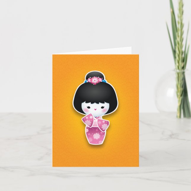 Cartão Kawaii Kokeshi (rosa) (Frente)