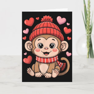 Cartão Kawaii Monkey Dia dos Namorados Corações Cachecol