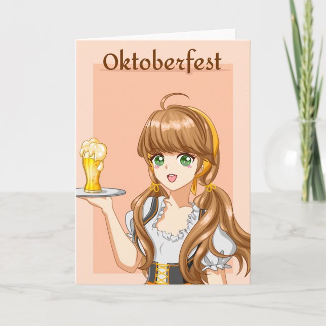 Cartão Kawaii Oktoberfest Maid com Cerveja (Frente)