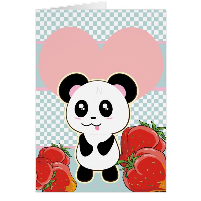 Cartão Kawaii Panda morangos bonitos (Frente)