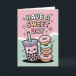 Cartão Kawaii Pastel Boba Tea and Donuts Sweet Birthday<br><div class="desc">Send some sweetness her way with this adorable Kawaii birthday card! Featuring a cute smiling boba tea and pastel-colored donuts on a soft mint and pink background, this design is inspired by Japanese pop culture and "sweet" aesthetics. It's the perfect choice for a daughter, bestie, or any boba lover. Fully...</div>