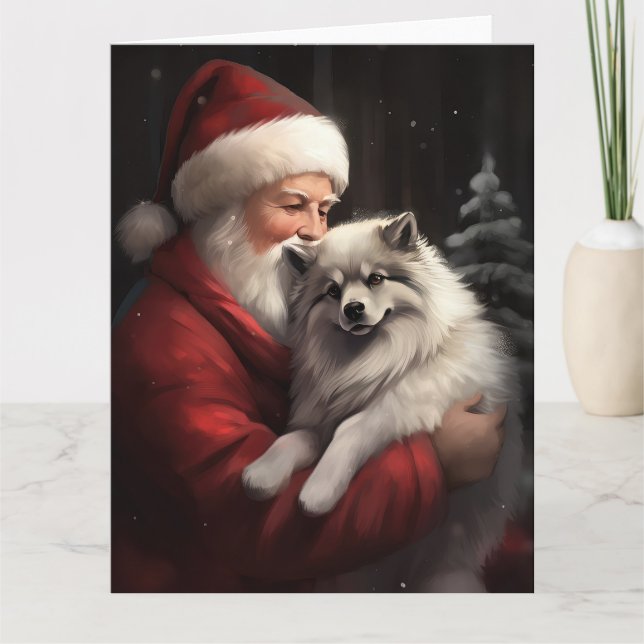 Cartão Keeshond com Papai Noel Natal Festivo (Frente)
