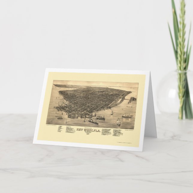 Cartão Key West, mapa panorâmico de FL - 1884 (Frente)