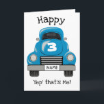 Cartão Kids Blue Truck Personalize Name, Birthday Card<br><div class="desc">Cartão de saudação de caminhão pintado à mãoPersonalize a mensagem no cartão. E edite o Número no Capuz,  e o nome no prato.
Veja meu compro para combinar itens de presentes.</div>