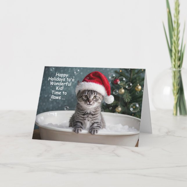 Cartão Kids Christmas Holiday Card Cute Kitten in Bath (Frente)