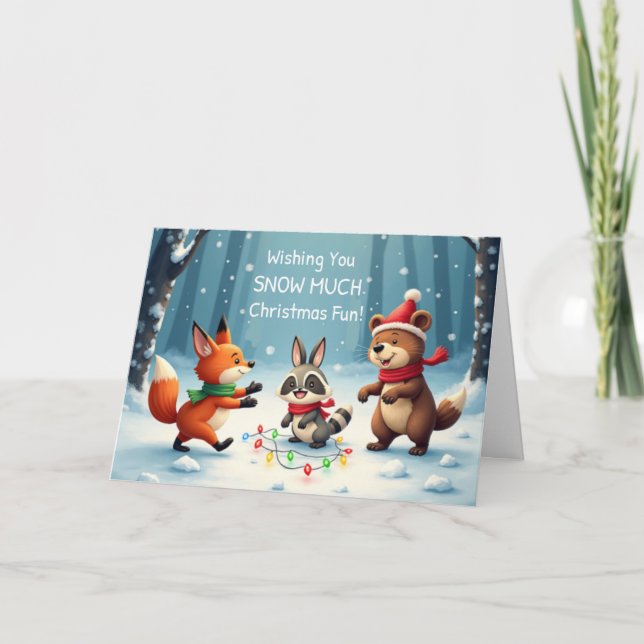 Cartão Kids Christmas Snow Much Fun with Woodland Animals (Frente)