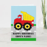 Cartão Kids Construction Dumpruck Birthday<br><div class="desc">Cores primárias adoráveis e frescas são o elemento-chave deste cartão de saudação personalizado de aniversário personalizado para crianças bonitinhas ou meninos bonitinhos. Possui um caminhão de lixo com corpo vermelho, leito de lixão amarelo e pedras, exaustões e pára-choque de cinza. O fundo contém uma estrada de asfalto de cinza com...</div>