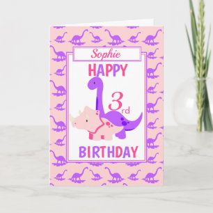 Cartão Kids Dinosaur 3rd Birthday Pink