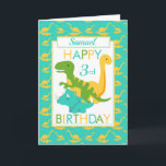 Cartão Kids Dinossauro aniversário de 3 anos Azul<br><div class="desc">Um cartão de aniversário de 3 anos divertido. Este brilhante terceiro cartão de aniversário apresenta um dinossauro verde T-Rex, um Brontosauro amarelo e um Tricerátopo azul, colocado sobre um fundo de dinossauro azul e amarelo Um adorável design para um menino que terá três anos de idade. A idade de aniversário...</div>