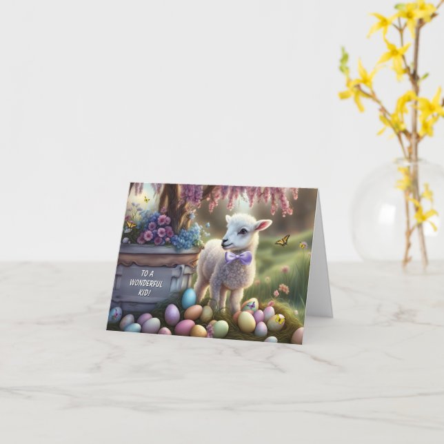 Cartão Kids Easter with Cute Lamb Eggs Flowers (Flor Amarela)