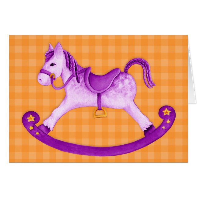 Cartão Kids Rocking cavalo art card laranja roxo (Frente horizontal)