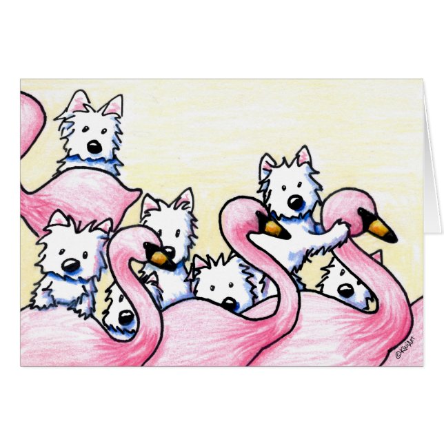Cartão KiniArt Westie Flamingos (Frente horizontal)
