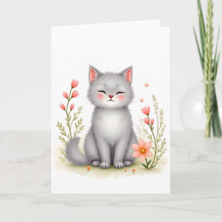 Cartão Kit de Aquarela Gatinho Fofo com Flores Vazio
