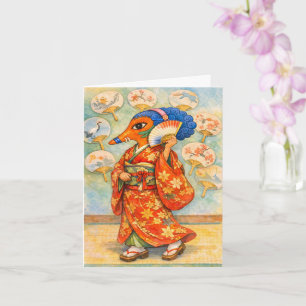 Cartão Kitsune em Quimono com Leque