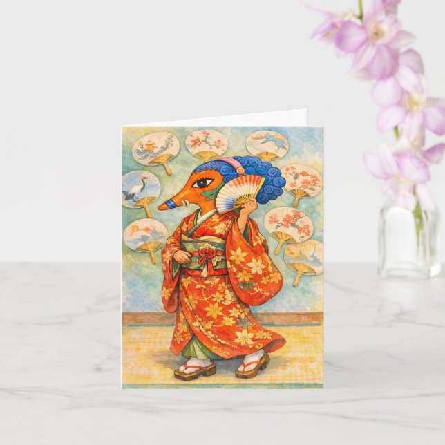 Cartão Kitsune em Quimono com Leque  (Orquídea)