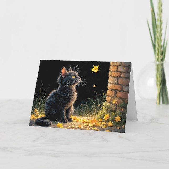 Cartão Kitten Assistindo uma Folha de outono em queda (Frente)