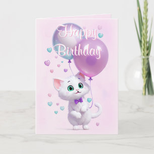 Cartão Kitty Branco Fofinho com Balões de Aniversário