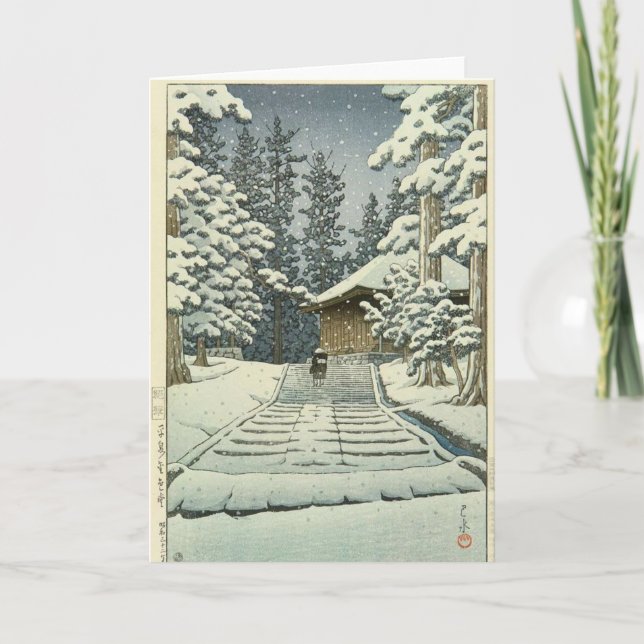 Cartão Konjikido em neve, Hiraizumi por Kawase Hasui (Frente)