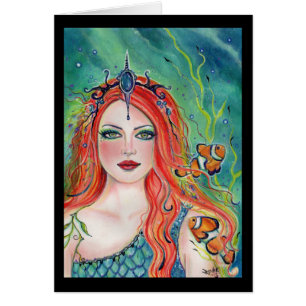Cartão Korynna mermaid com peixes-palhaço de Renee Lavoi