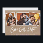 Cartão Kraft Salve Nossa Data Foto Script Pincel 3<br><div class="desc">Cartão de Anúncio de Noivado Kraft Salve Nossa Data Foto Casal Madeira Rústica Script Pincel Moderno 3</div>