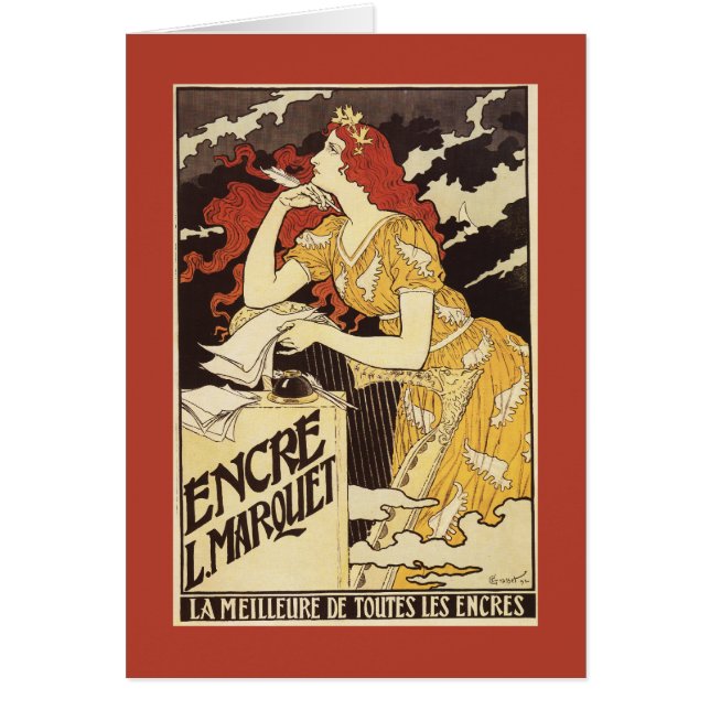 Cartão L. Marquet Ink, Mulher de Cabeça Vermelha e Harp (Frente)