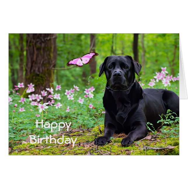 Cartão Labrador Black Dog Forrest Butterfly Aniversário (Frente Horizontal)