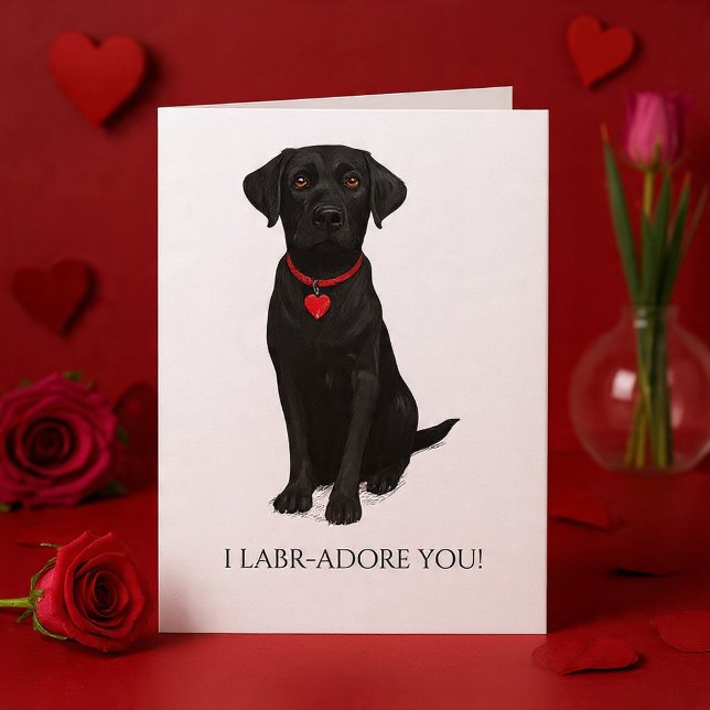 Cartão  Labrador Dog With Love Heart Adore You (Labrador Dog With Love Heart Adore You Card by Ricaso - Cute black lab pup ideal for valentines)