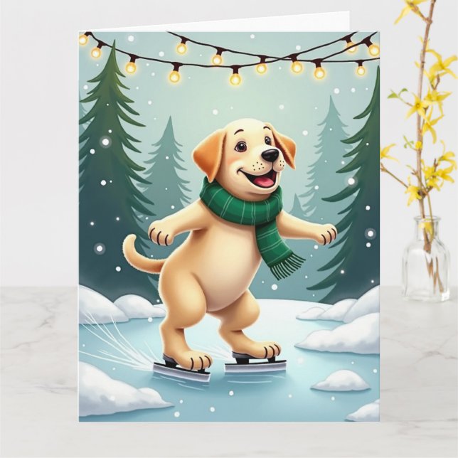 Cartão Labrador Retriever Ice Skating Christmas Painting (Flor Amarela)