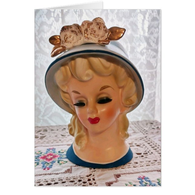 Cartão Lady Head Vase Blonde Teen Blue Hat Flower Card (Frente)
