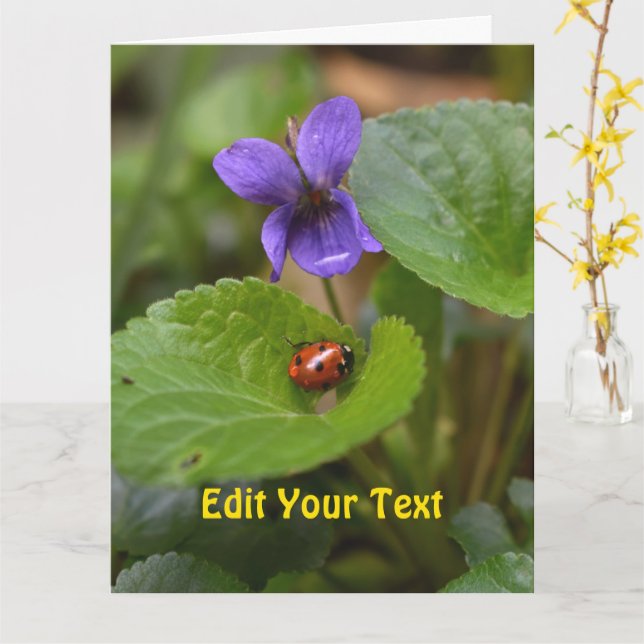 Cartão Ladybug em Flores de Violeta Doce (Flor Amarela)