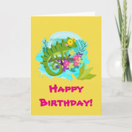 Cartão Lagarto tropical verde com aniversário das flores