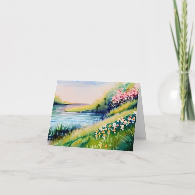 Cartão Lago de aquarela e flores personalizáveis (Frente)