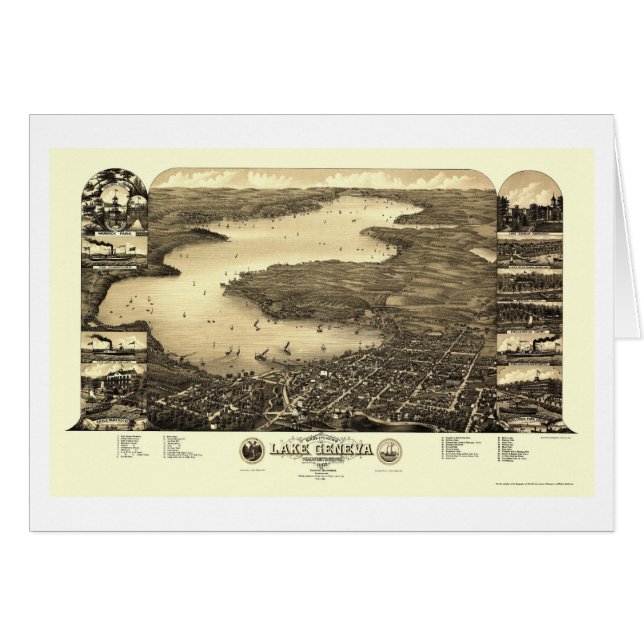 Cartão Lago Genebra, mapa panorâmico dos WI - 1882 (Frente Horizontal)
