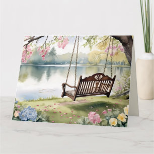 Cartão Lakeside Swing em Jardim Romântico de Aquarela