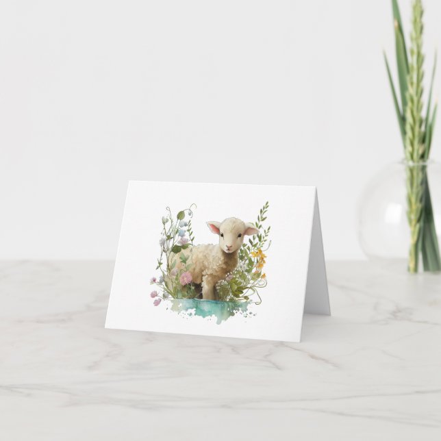 Cartão Lamb Aquarela Doce com VAZIO de Flores (Frente)
