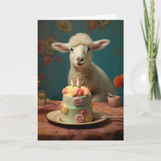 Cartão Lamb/Ovelha com Bolo de Aniversário